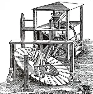 Grind: An engraving depicting a man grinding corn