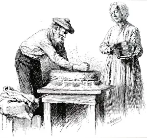 Grind: An engraving depicting a man grinding corn