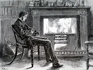 Scuttle: An engraving depicting a man sitting beside the fireplace