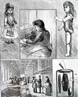 Edison: An engraving depicting the manufacturing of talking dolls