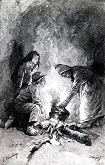 Placing: An engraving depicting a marmite on an open fire