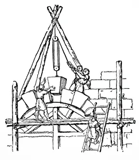 Builders: An engraving depicting men centring an arch
