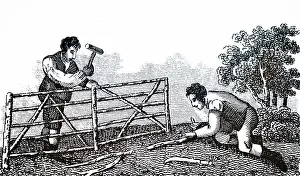 Hurdles: Engraving depicting men constructing hurdles