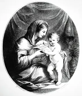 Literacy: Engraving depicting a mother teaching her child