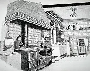 Gaslights: An engraving depicting Parisiene's model kitchen