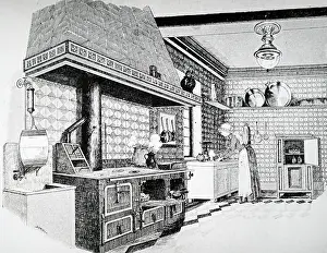 Gaslights: An engraving depicting Parisiene's model kitchen