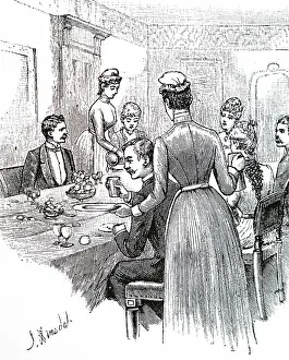 Parlour: An engraving depicting parlour maids serving at table
