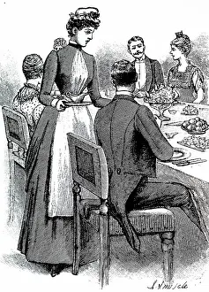 Parlour: An engraving depicting parlour maids serving at table