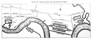 1808: Engraving depicting a plan of the docks at London in 1808