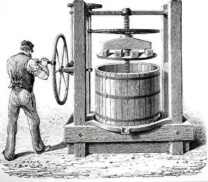 Crushing: An engraving depicting Press for crushing grapes