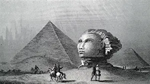 Pyramids: Engraving depicting the pyramids and the Sphinx at Giza