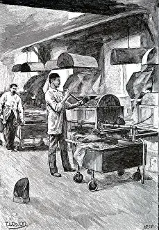 Roasting: An engraving depicting the roasting of cocoa beans