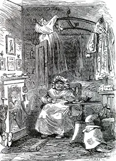 Phiz: An engraving depicting Sarah Gamp drinking tea