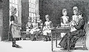 1702: Engraving depicting a sewing class at the Ladies