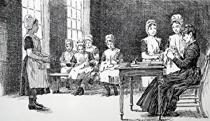 1702: Engraving depicting a sewing class at the Ladies