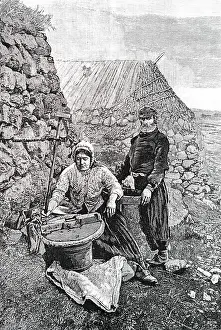 Skye: An engraving depicting Skye crofters grinding corn