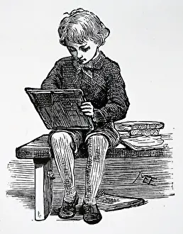 Slate: Engraving depicting a small boy writing on a slate