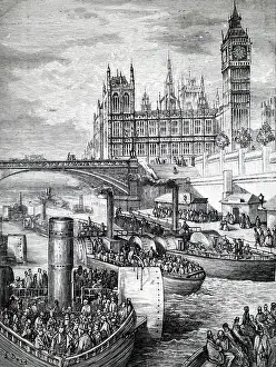Launches: An engraving depicting steam launches on the Thames