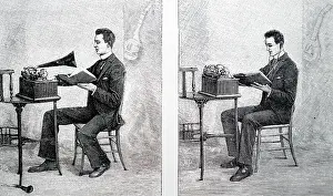 Edison: Engraving depicting a student using an Edison phonograph