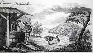 1780: An engraving depicting taking grapes from the