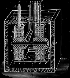 Clamped: Engraving depicting Tesla's transformer