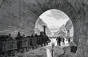 Gotthard: Engraving depicting a train carrying rock debris
