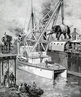 Embark: Engraving depicting the use of a floating crane