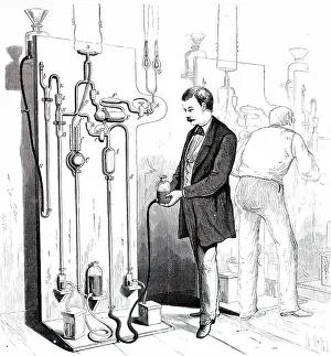 Edison: Engraving depicting a vacuum apparatus for exhausting