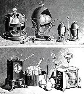 Devices: An engraving depicting various devices for cooking eggs