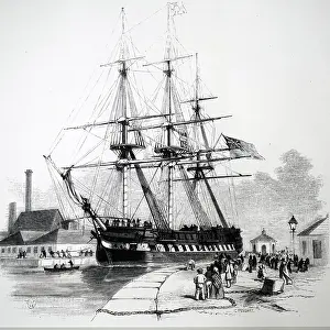 Engraving depicting a vessel under tow