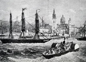 Mersey: Engraving depicting a view of Liverpool
