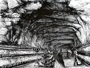 Caves: An engraving depicting visitors at Perrier's champagne