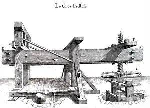 1735: An engraving depicting a wine press. From NoEol