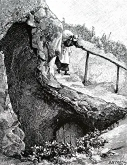 Approaching: An engraving depicting a woman approaching the