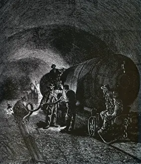 Lasted: Engraving depicting workmen recharging the portable
