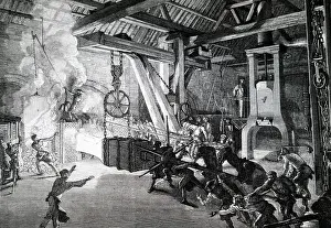 Removing: Engraving depicting workmen removing a large piece
