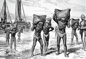 Unloading: Engraving depicting workmen unloading lighters
