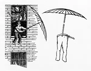 Windowsill: Engraving of man escaping fire via parachute