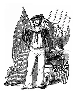 Windjammer: Engraving Of Old-Time Sailor Holding