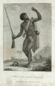 Stedman: An escaped black slave carrying a firearm