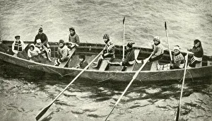 Eskimo: Eskimos rowing a boat, Greenland