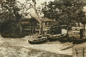 Waterside: Etching by Willy Auerbach, waterside scene with boats
