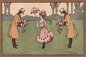 Suitors: Ethel Parkinson, greetings card, suitors with pretty woman