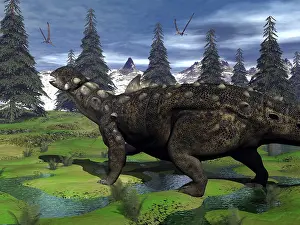 Euoplocephalus: Euoplocephalus dinosaur walking in the mountain