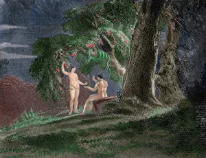 Forbidden: Eve gives Adam the forbidden fruit. Paradise Lost by John Mi