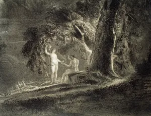 Forbidden: Eve gives Adam the forbidden fruit. Paradise Lost by John Mi