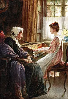 Grandmother: Their Evening Hymn. Chromolithograph after painting