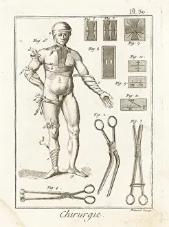 Benard: Examples of 18th century bandages, tongs and sutures