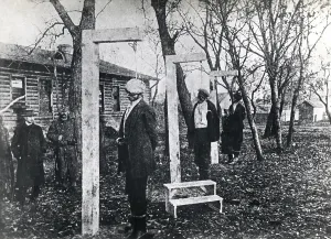 Gallows: Execution of three Russian spies, Eastern Front, WW1