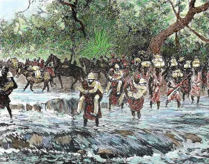 Sudan: Explorers crossing a stream in the mountains Nie?nie?ya. Sud